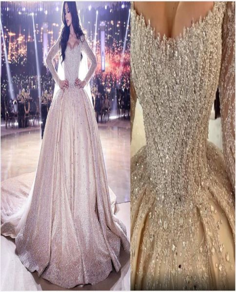 2020 plus size arabic aso ebi luxurious crystals pearls beaded wedding dresses long sleeves bridal dresses sparkly wedding gowns z8844476, White